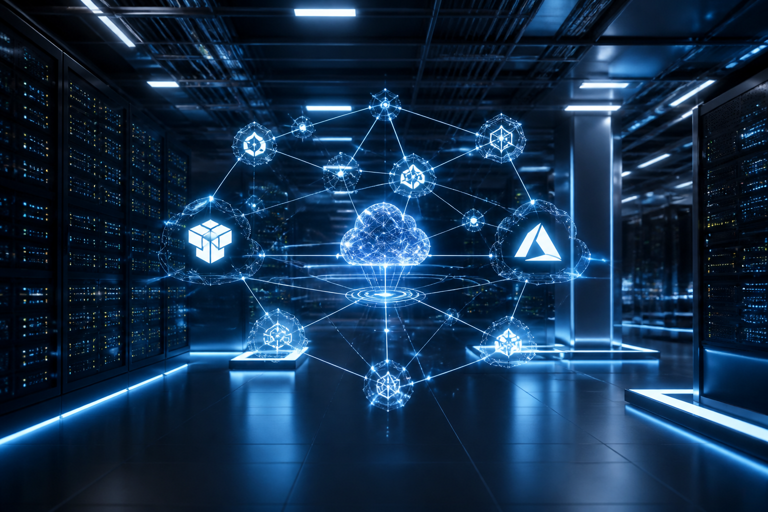 A high-tech server room with glowing blue cables and 3D holographic cloud infrastructure icons suspended in the air.