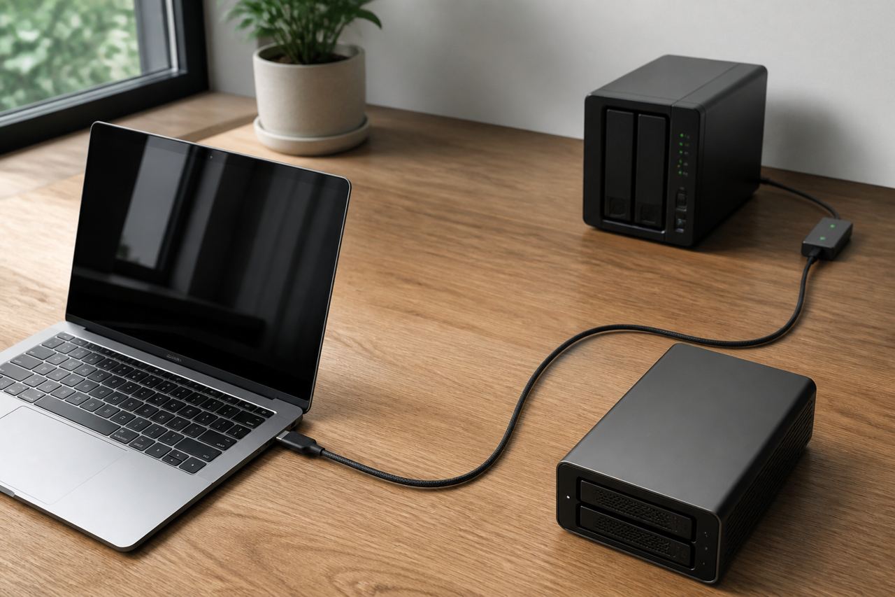 A sleek, modern desk setup featuring an external RAID drive connected to a laptop next to a small desktop NAS unit.