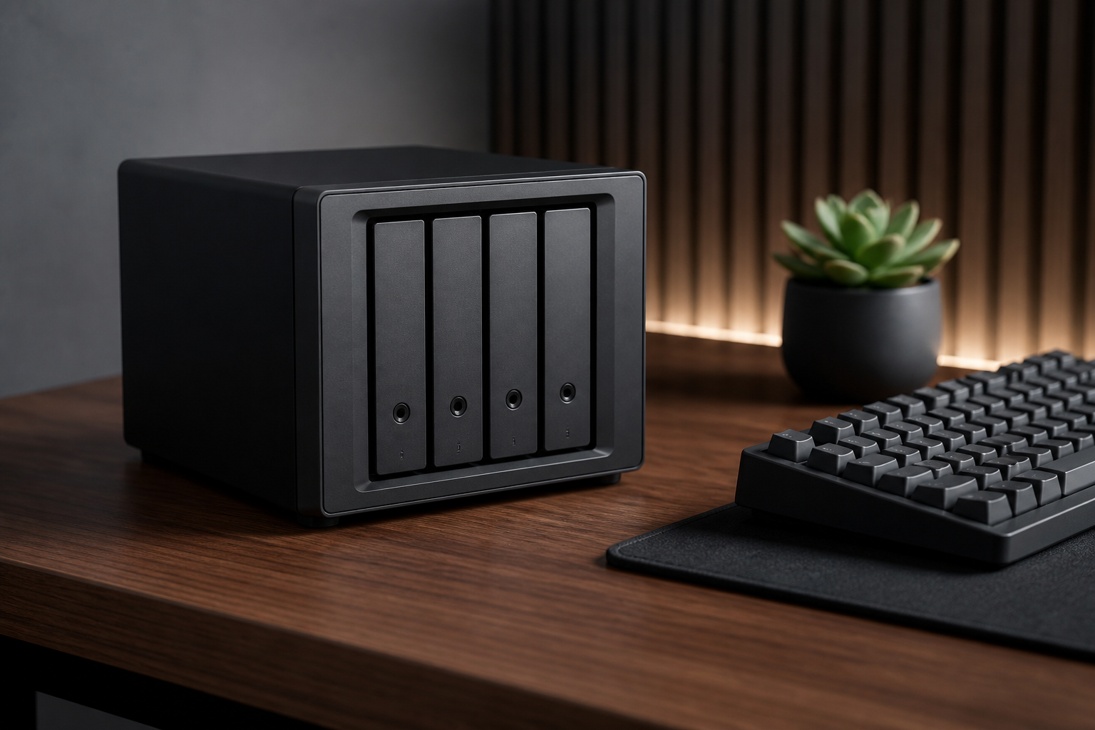 A modern, sleek Synology NAS device sitting on a wooden desk next to a minimalist workspace setup.
