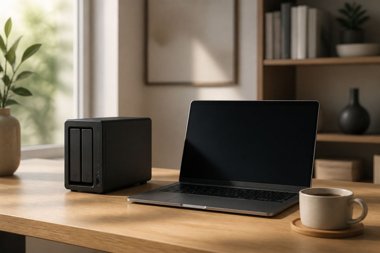 A sleek 2-bay Synology NAS unit sitting on a wooden desk next to a modern laptop and a succulent plant.