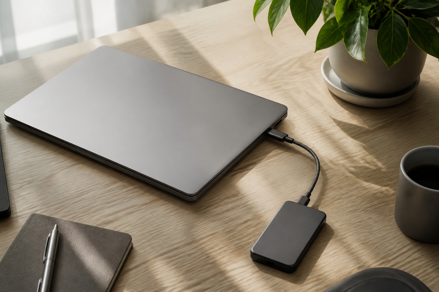 A silver laptop sitting on a wooden desk connected to an external hard drive with subtle glowing blue status lights.