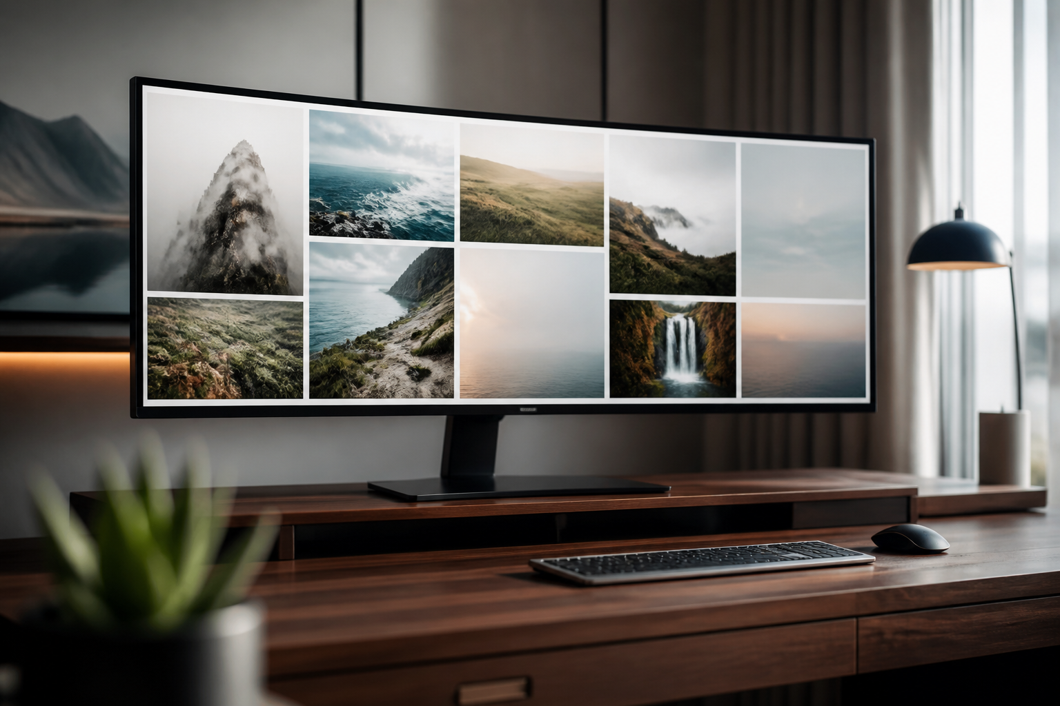A clean, modern web interface showing a grid of vibrant nature photographs with varying aspect ratios.