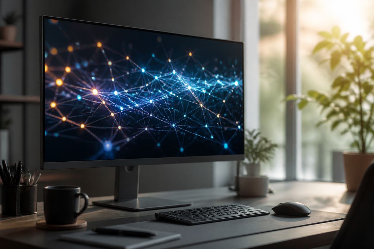 A clean, modern workspace featuring a high-end monitor displaying a complex but organized data flow diagram.