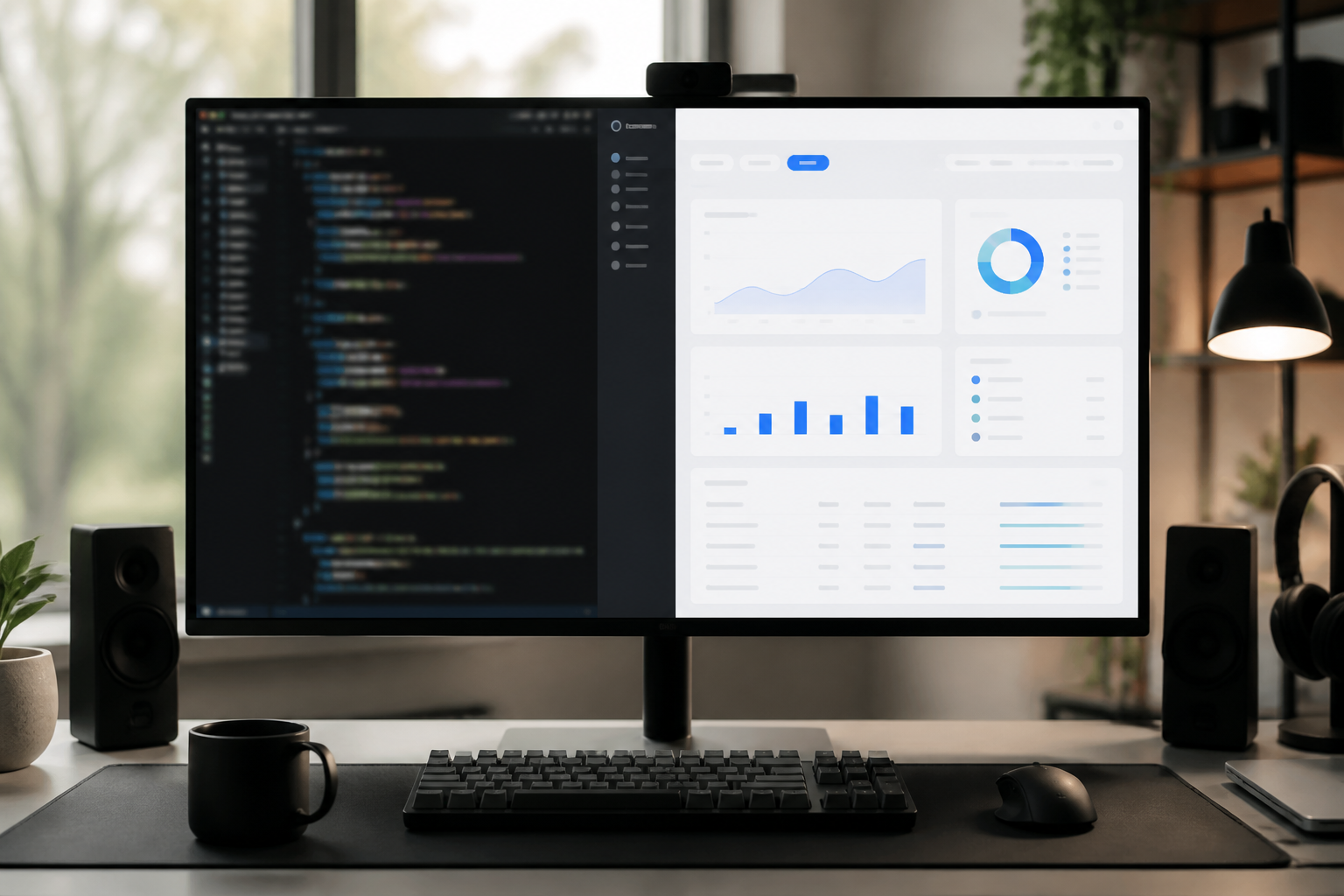 A clean, modern workspace with a high-resolution monitor displaying structured React code and a browser window showing a tabbed interface.