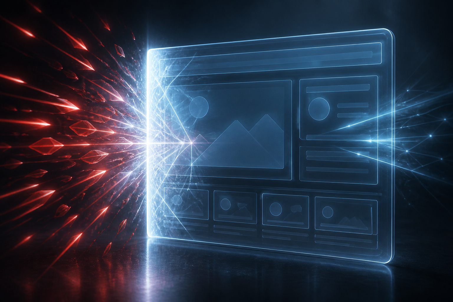 A conceptual digital shield protecting a mesh of interconnected data nodes against stylized red malicious code injections.