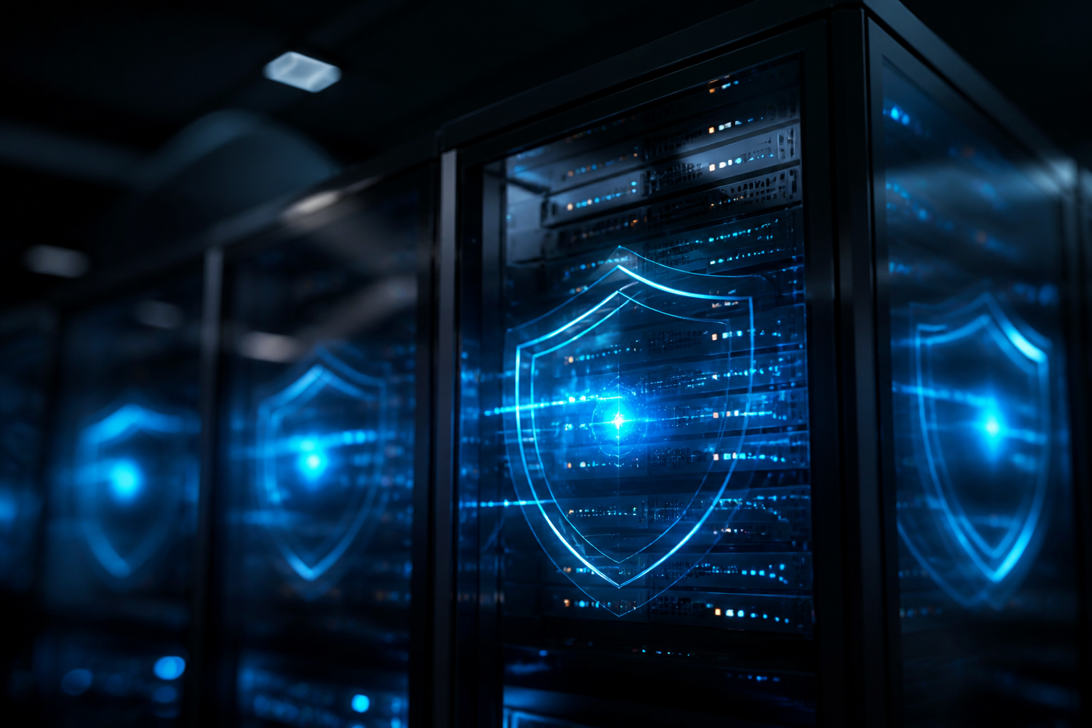 A high-tech digital shield representing a robust web security layer protecting clean source code from glowing red malicious intrusions.