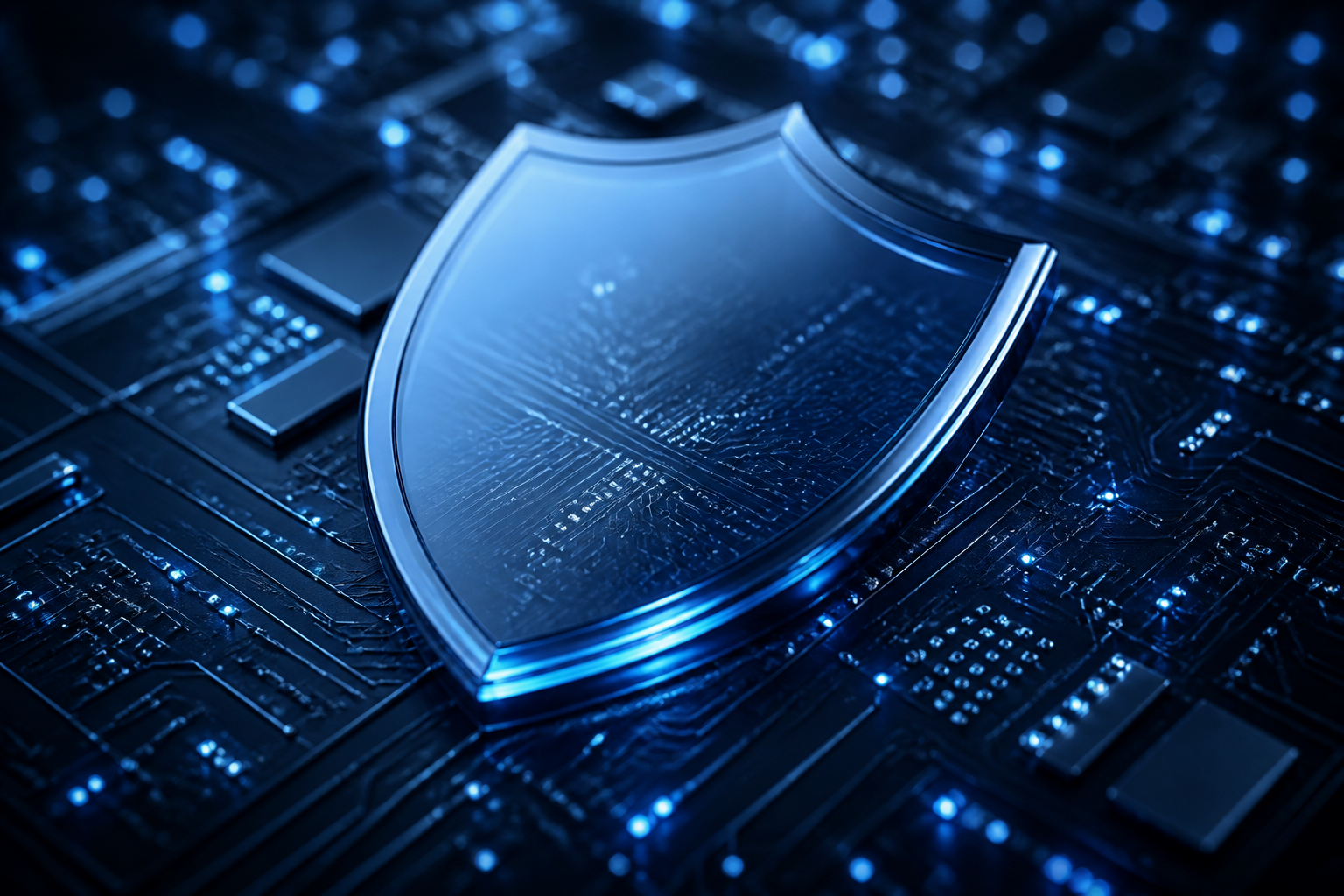 A conceptual digital shield protecting a mesh of interconnected server nodes.