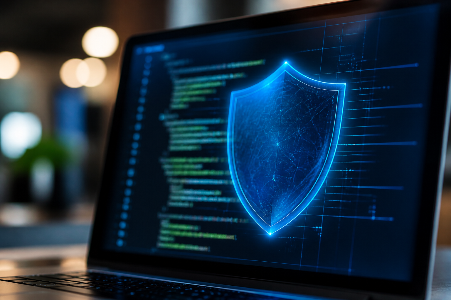 A high-tech digital shield protecting lines of JavaScript code from glowing malicious injections.