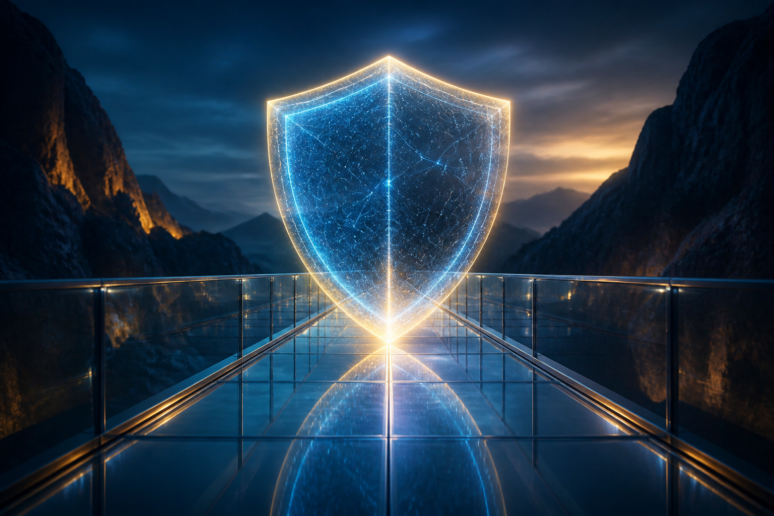 A conceptual 3D rendering of a secure architectural bridge representing a protected web request