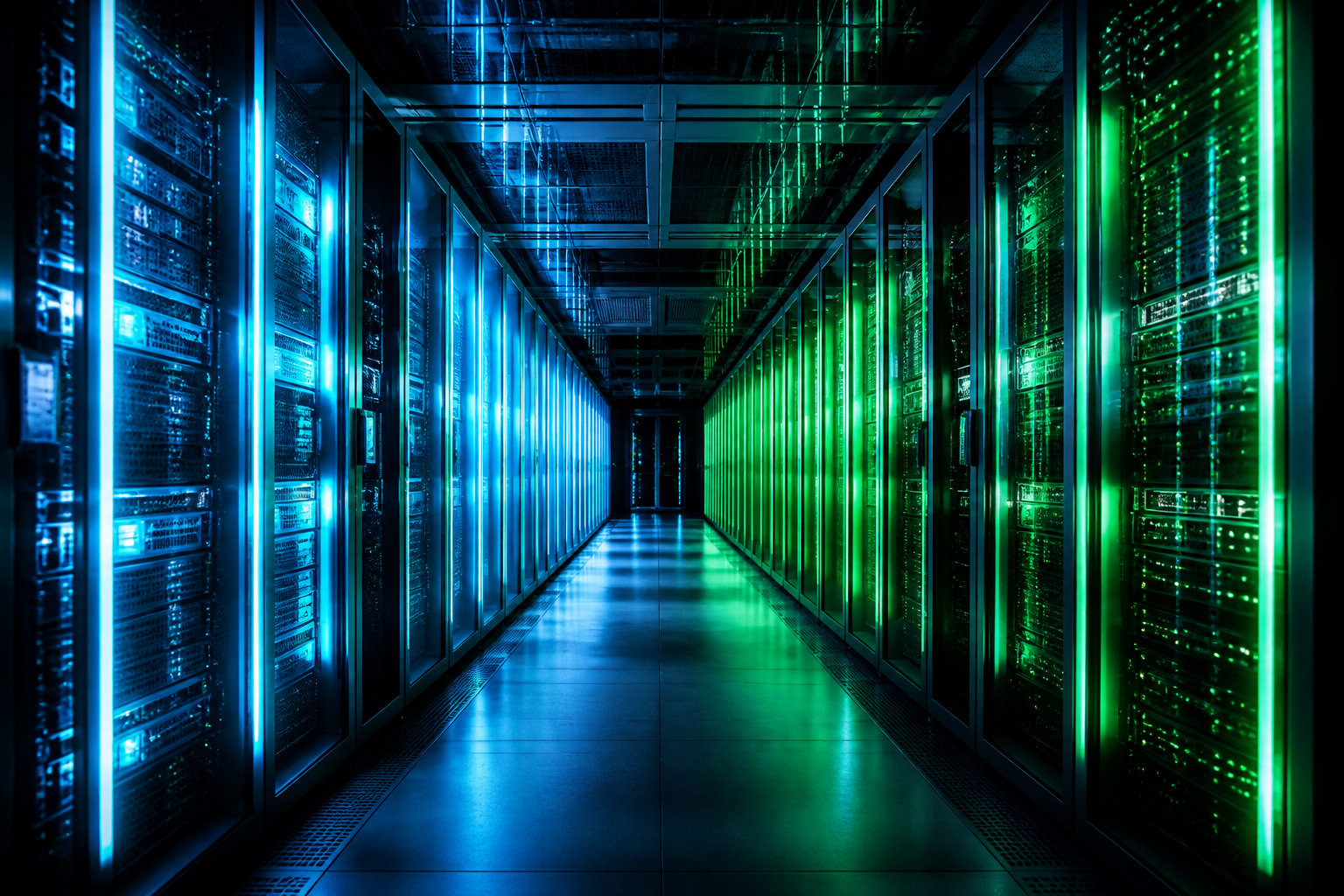 A high-tech control room split into blue and green glowing zones representing two infrastructure environments.
