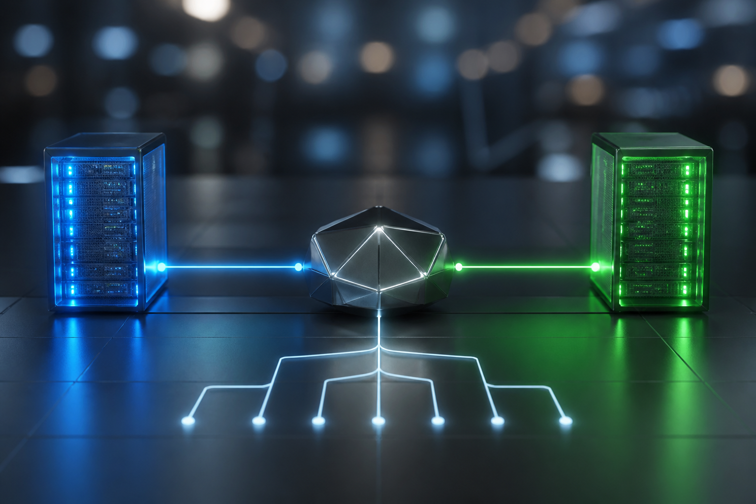 A conceptual digital representation of traffic switching between two identical server environments using a load balancer.