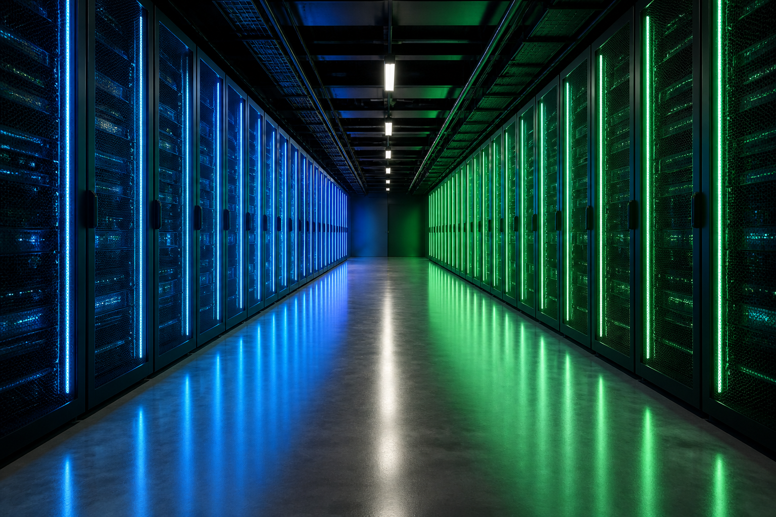 A high-tech server room with glowing blue and green light panels representing two parallel infrastructure environments.