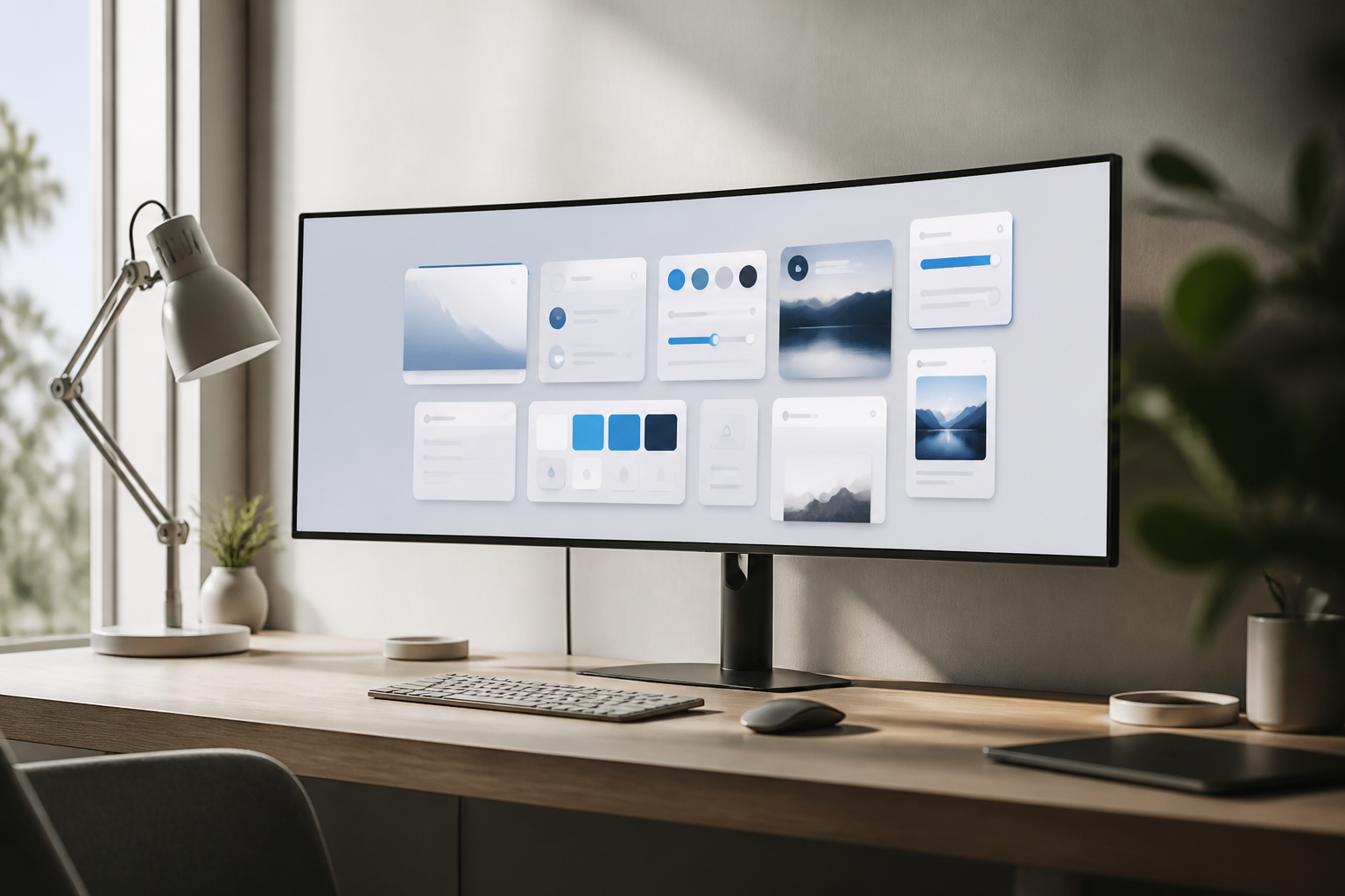 A conceptual digital illustration showing a single UI card resizing perfectly as it moves between different grid columns on a high-end monitor.