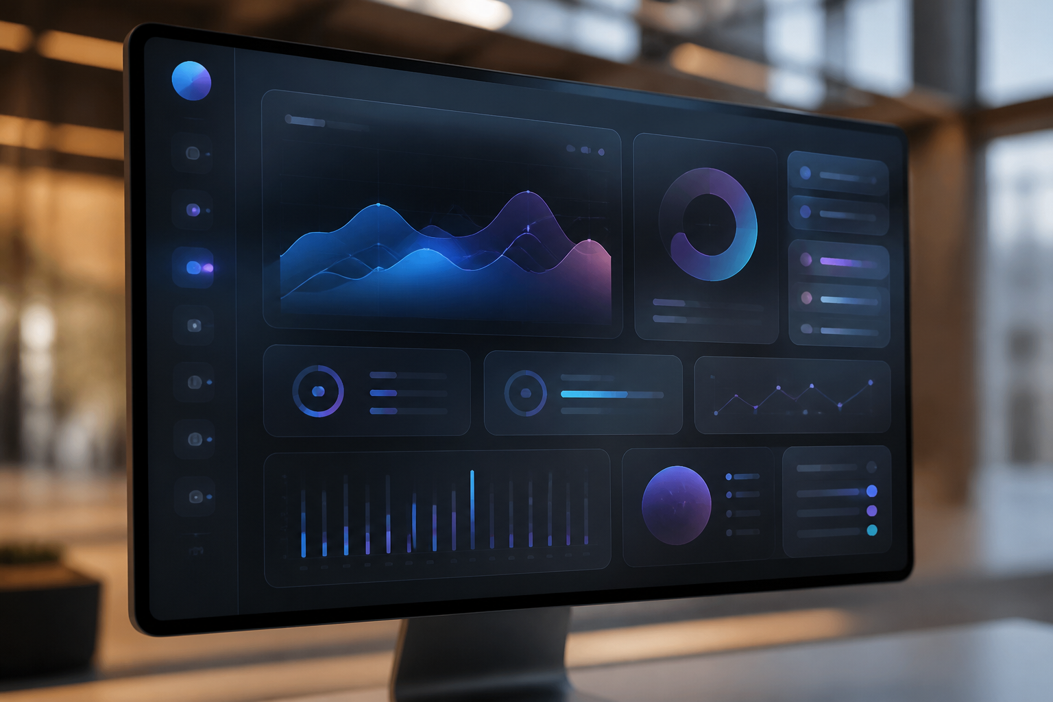 A clean, modern web dashboard layout displayed on a high-end monitor with a sleek office background.