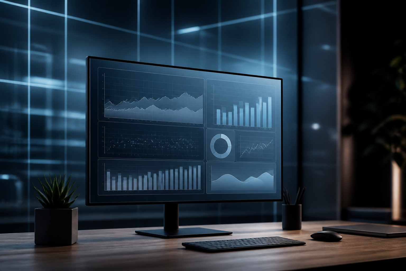 A clean, modern web dashboard layout displayed on a high-end monitor with abstract geometric grid lines in the background.
