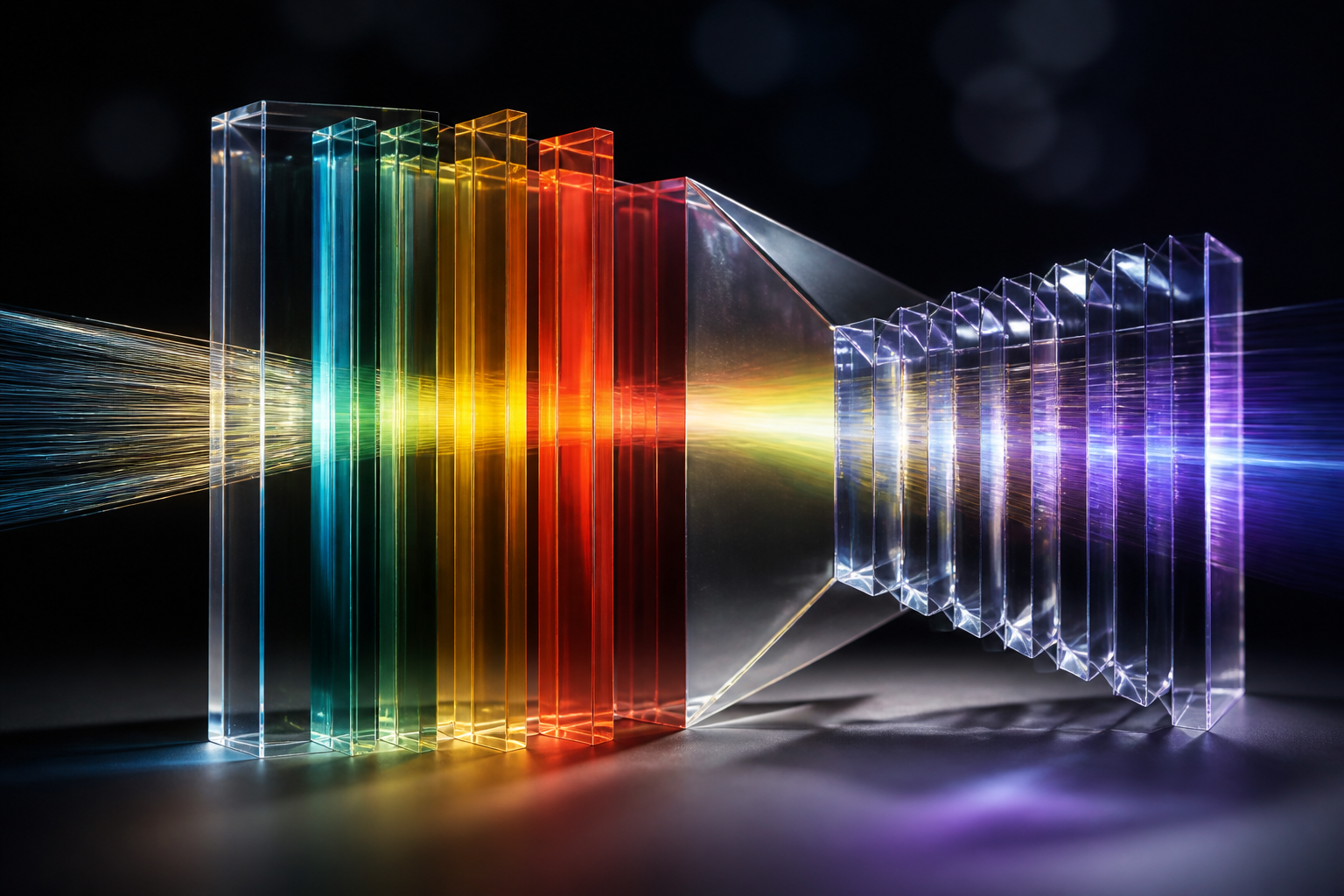 Abstract representation of data flowing through a series of colorful geometric filters.