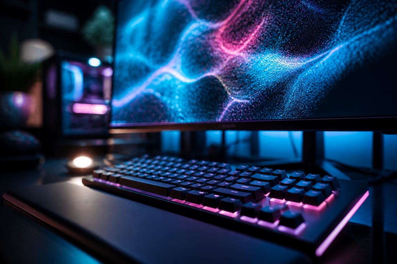A sleek, modern workstation featuring a glowing computer screen displaying clean, colorful JavaScript code snippets against a dark minimalist background.