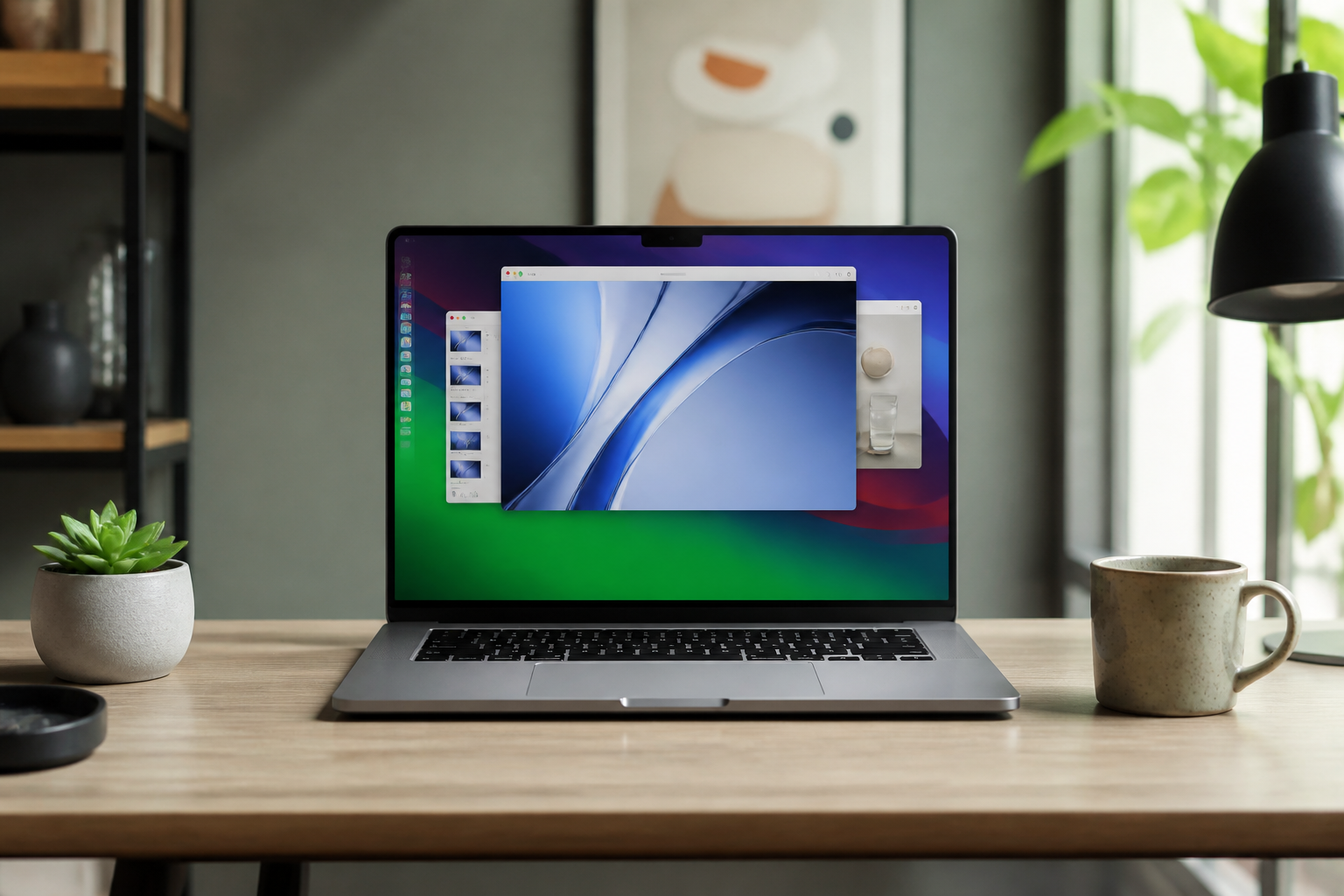 A clean, modern desk setup featuring a MacBook Pro with organized application windows and a minimalist aesthetic.