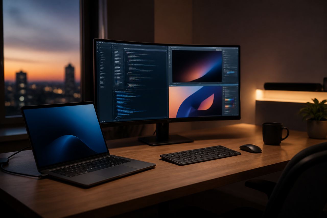 A clean, modern workspace featuring a MacBook Pro and an external monitor showing organized windows in a grid layout.