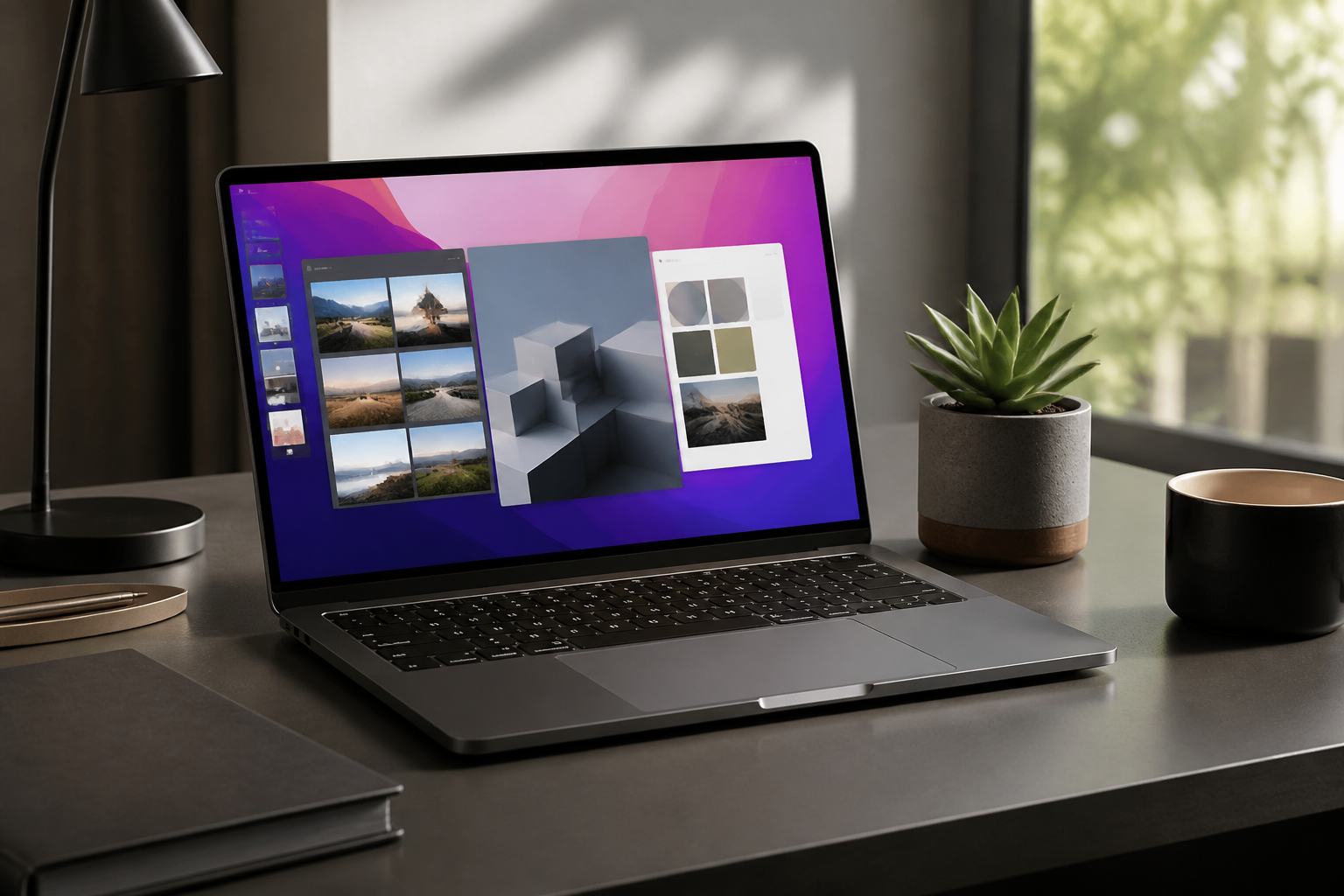A clean, modern workspace featuring a MacBook Pro with organized application windows and a minimalist aesthetic.
