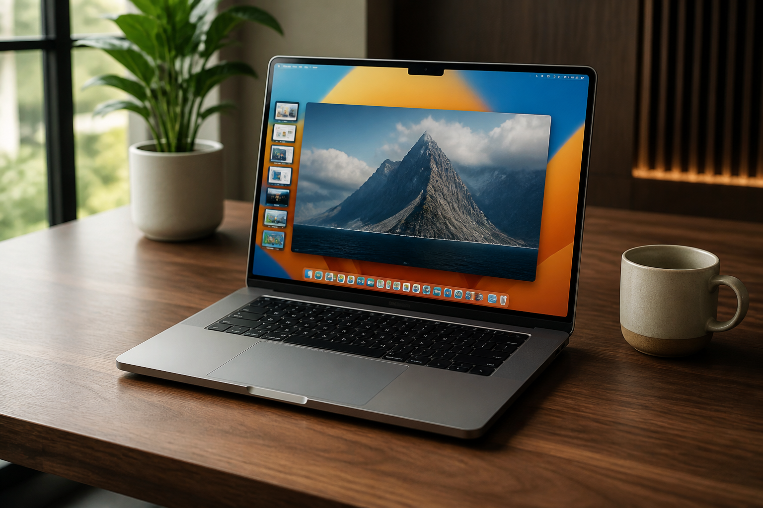 A minimalist home office setup featuring a MacBook Pro with several neatly organized windows and a clean desk.