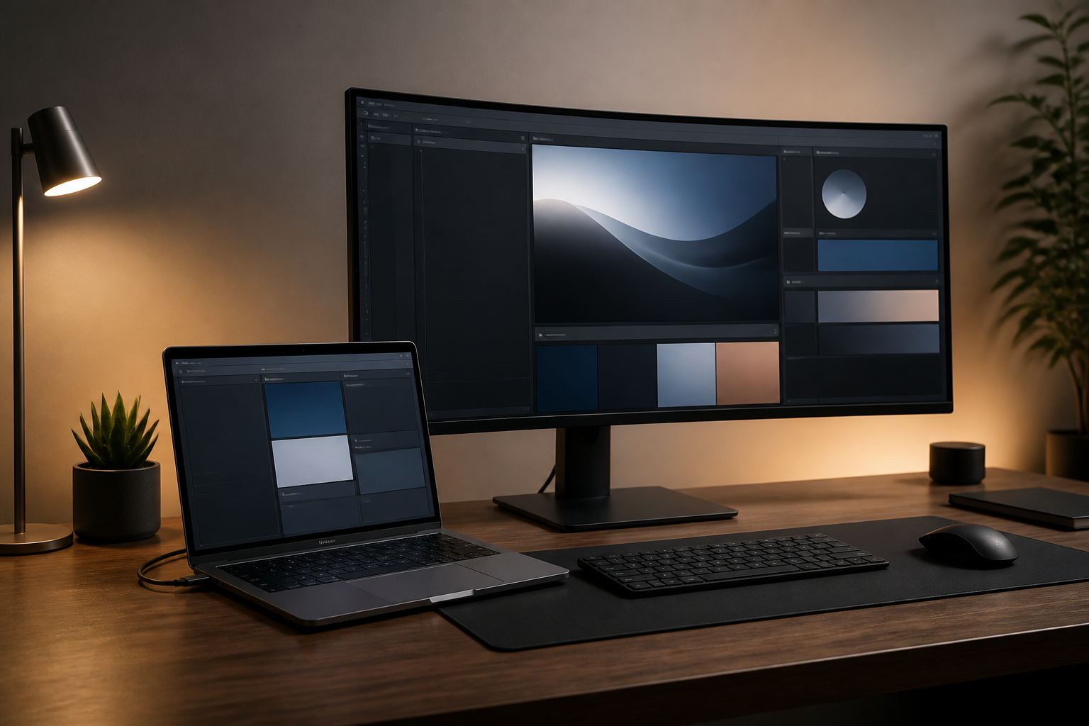 A clean, modern home office setup featuring a MacBook Pro and an external monitor with organized application windows.