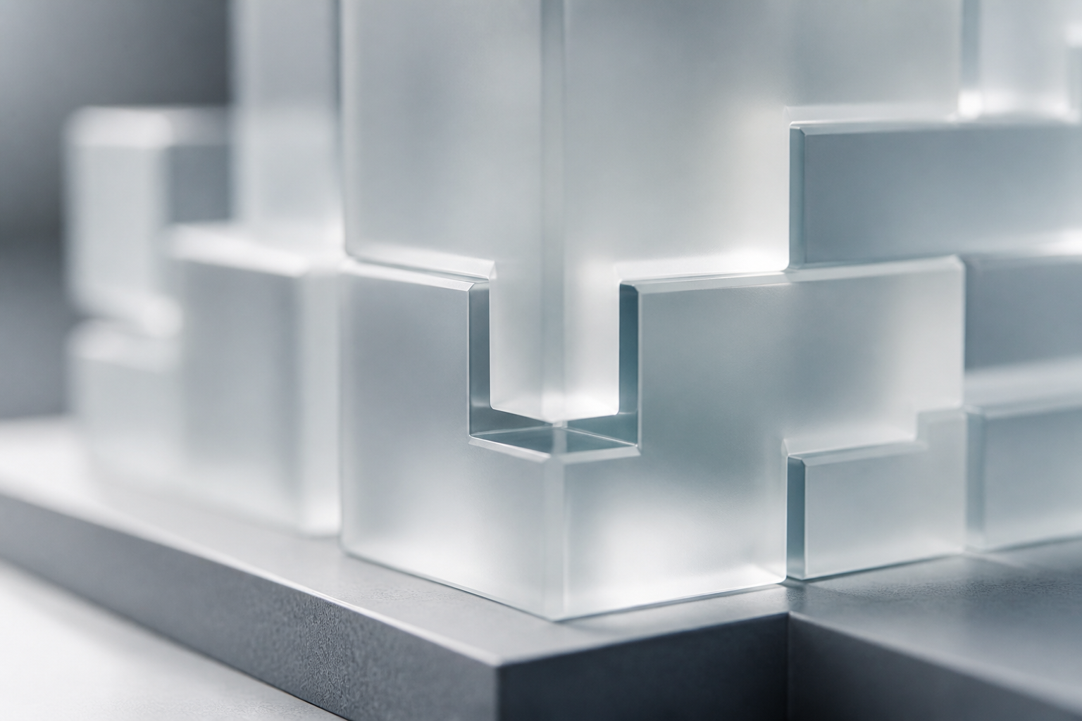 A minimalist architectural structure of interlocking glass cubes representing modular software design.