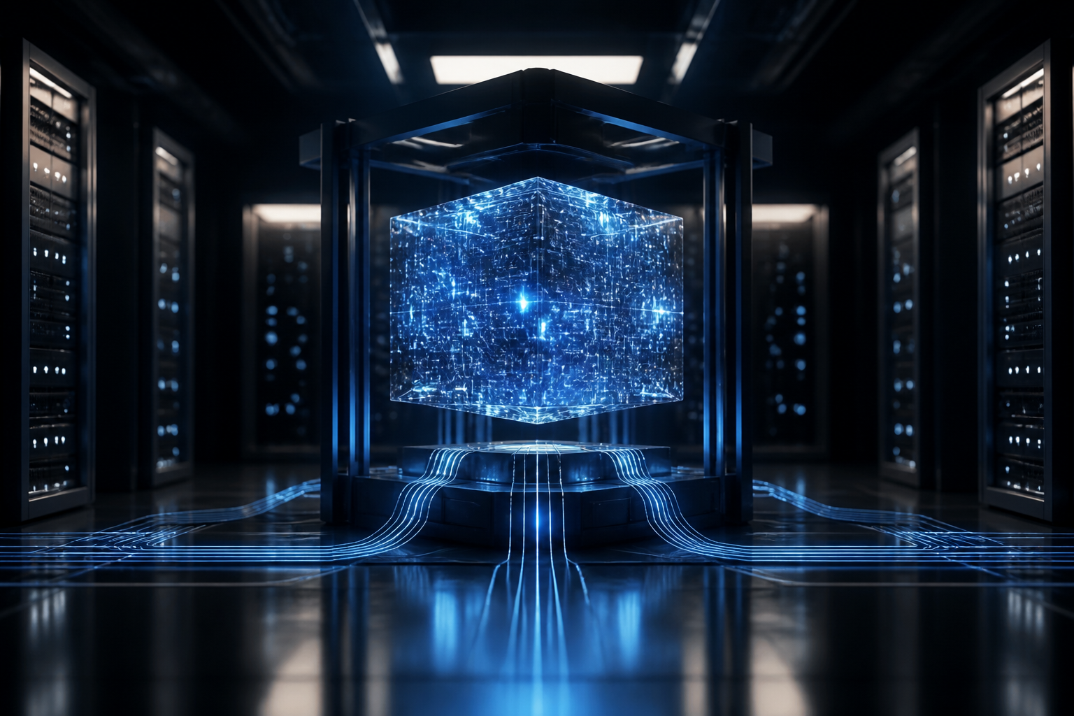 A futuristic glowing crystal cube representing a secure data core with light trails connecting it to cloud icons.