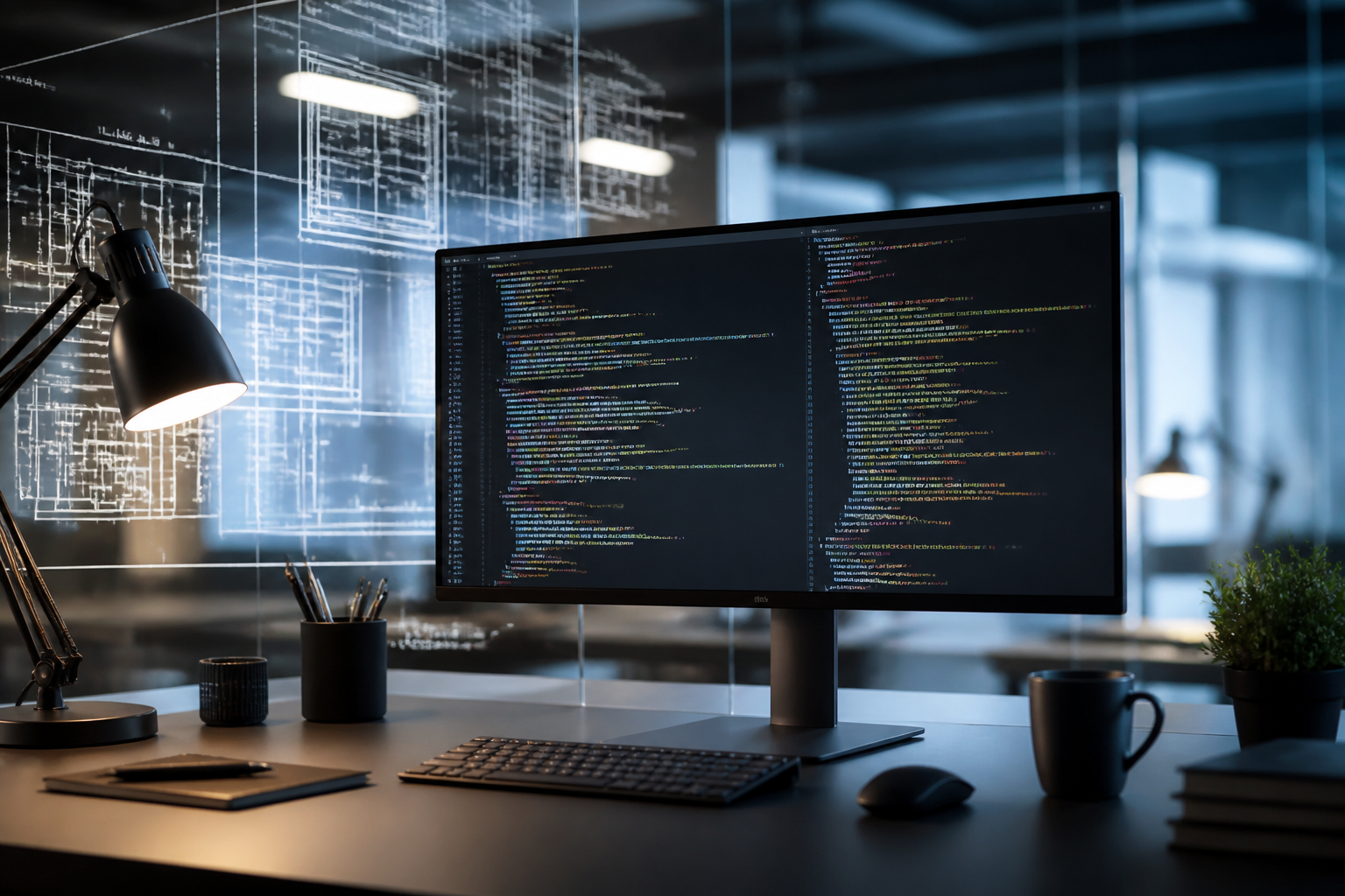 A clean, modern workspace featuring a high-quality monitor displaying elegant, semantic HTML code and a minimalist user interface design.