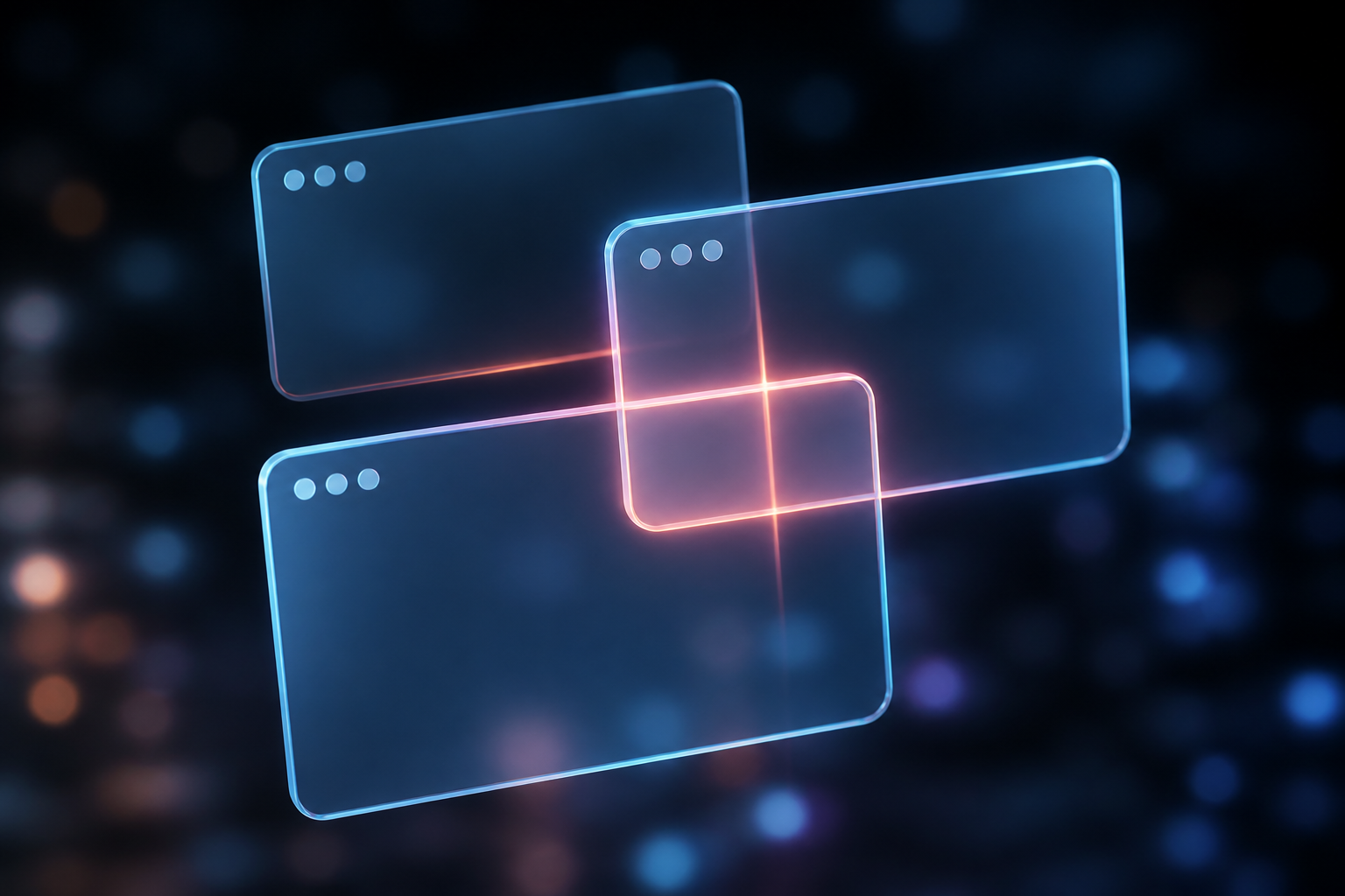 A minimalist, abstract 3D visualization of UI layers overlapping and triggering events.