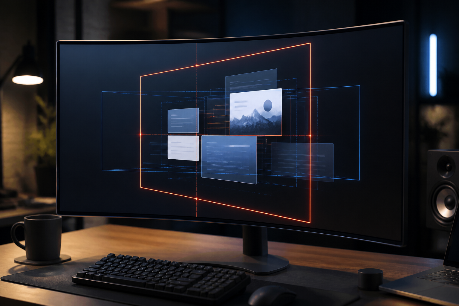 A clean, modern workspace with a curved monitor showing an abstract visualization of code nodes and layout boxes connecting smoothly.