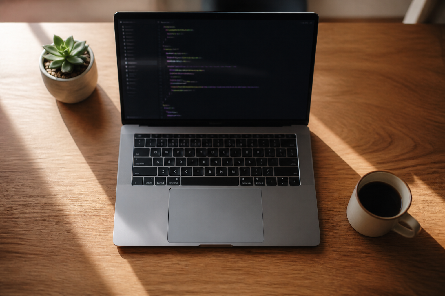 A clean, modern workspace featuring a MacBook Pro showing a minimalist terminal window with colorful syntax highlighting.