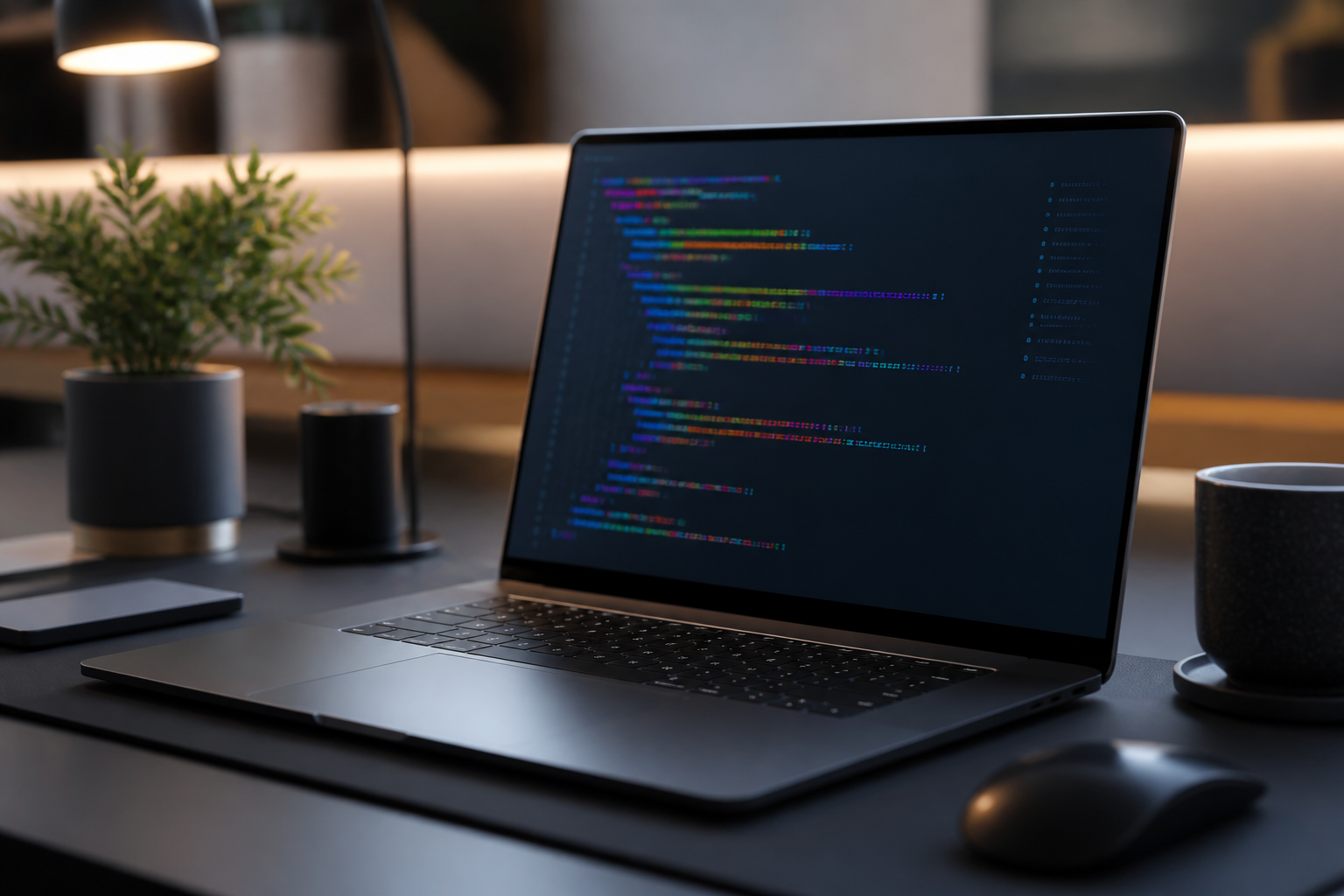 A high-end workstation featuring a MacBook Pro with a sleek, customized terminal window open on the screen.