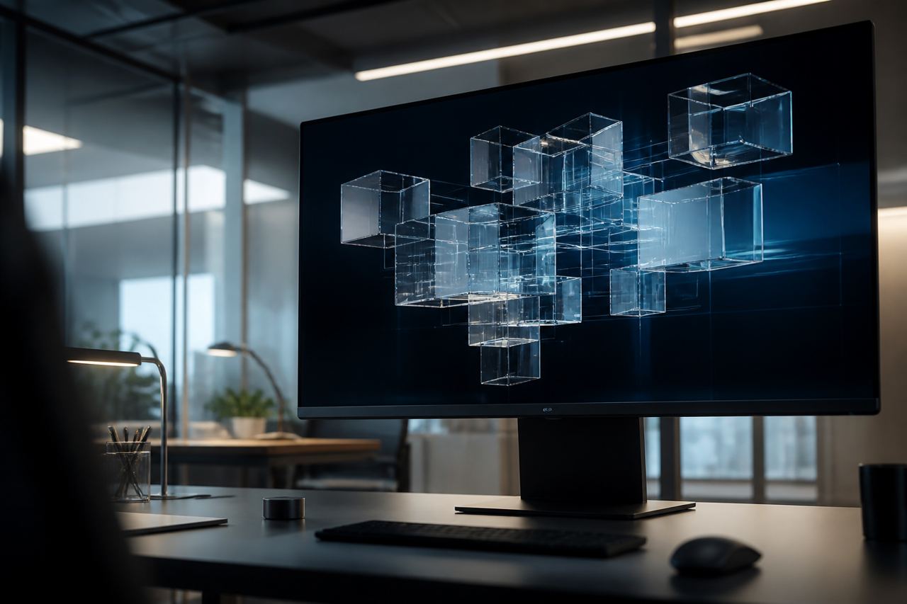 A clean, modern workspace with a high-resolution monitor displaying abstract geometric patterns representing code modularity.
