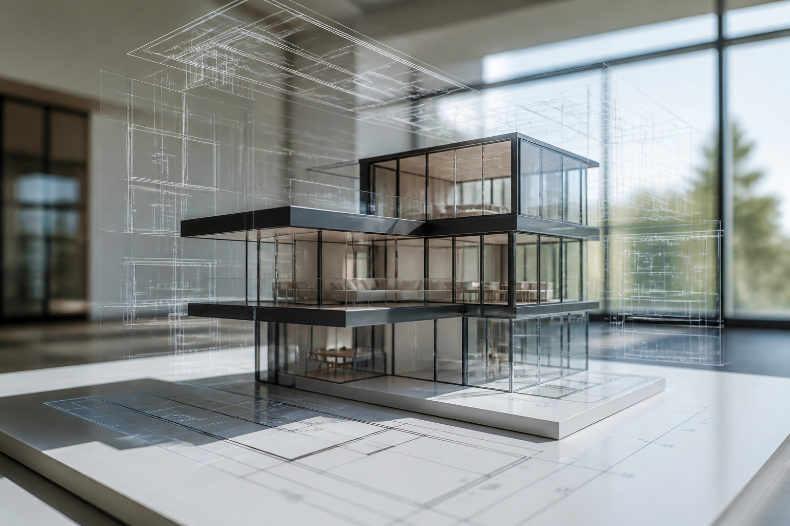 A complex blueprint of a modular architectural structure with translucent layers.