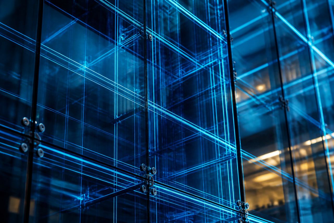 A futuristic blueprint showing interconnected geometric shapes representing data structure architecture.