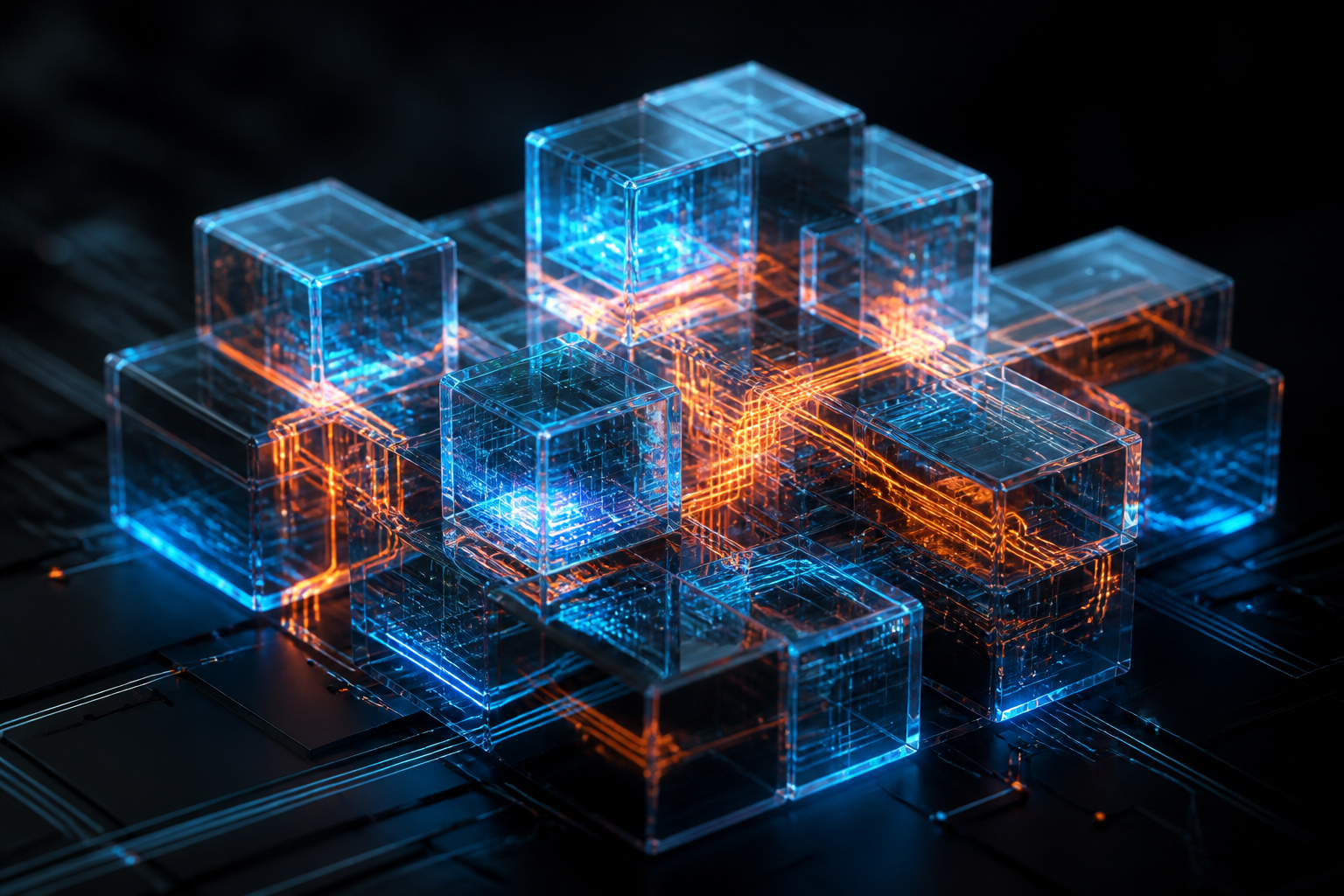 Abstract representation of interconnected modular blocks in a digital space.