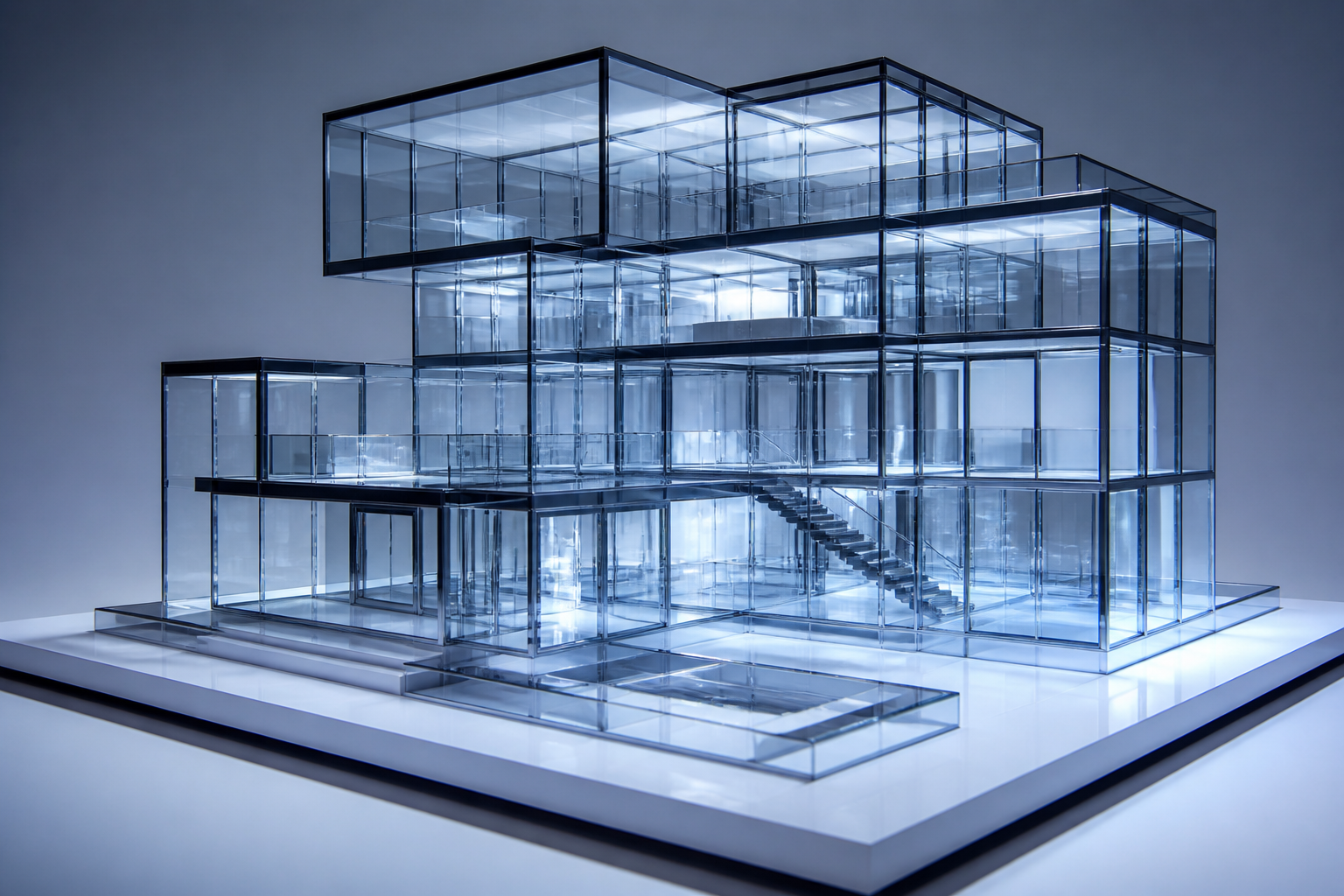 A complex, translucent architectural structure made of glowing geometric lines and nodes representing data connectivity.