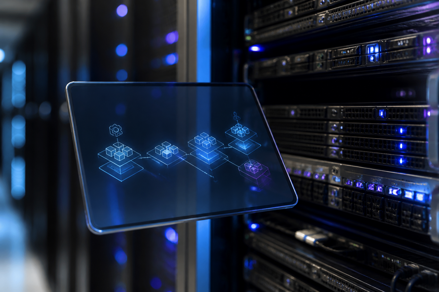 A high-tech server room with neon light accents showing streamlined data processing