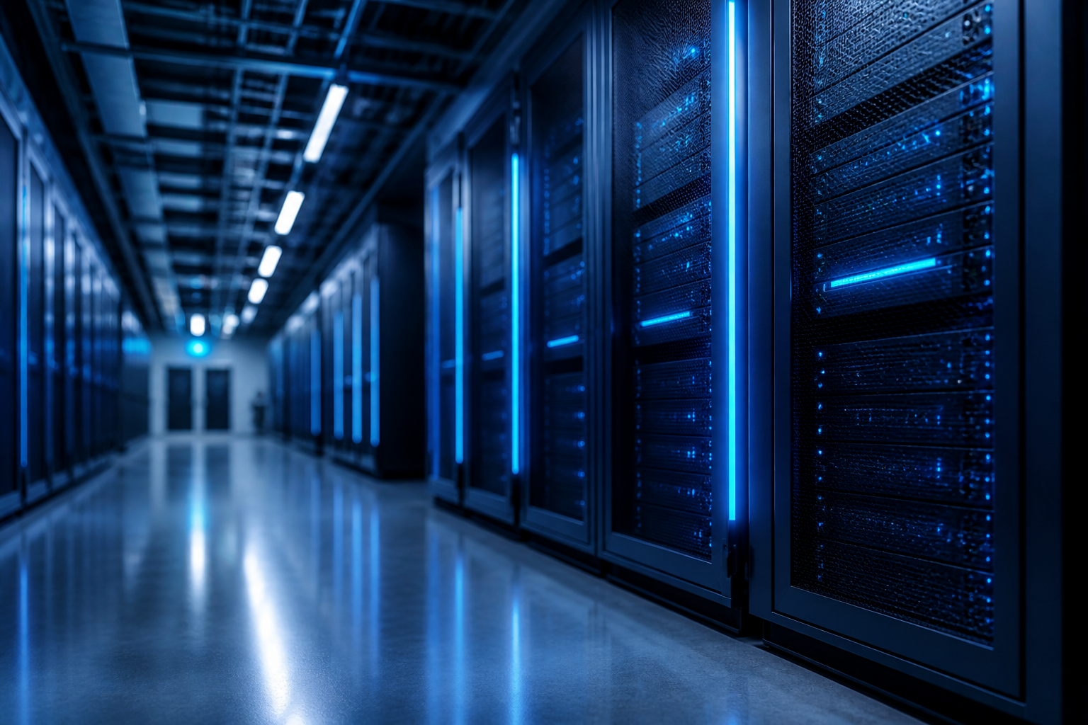 A high-tech server room with glowing blue fiber optic cables arranged in a clean, minimalist pattern.