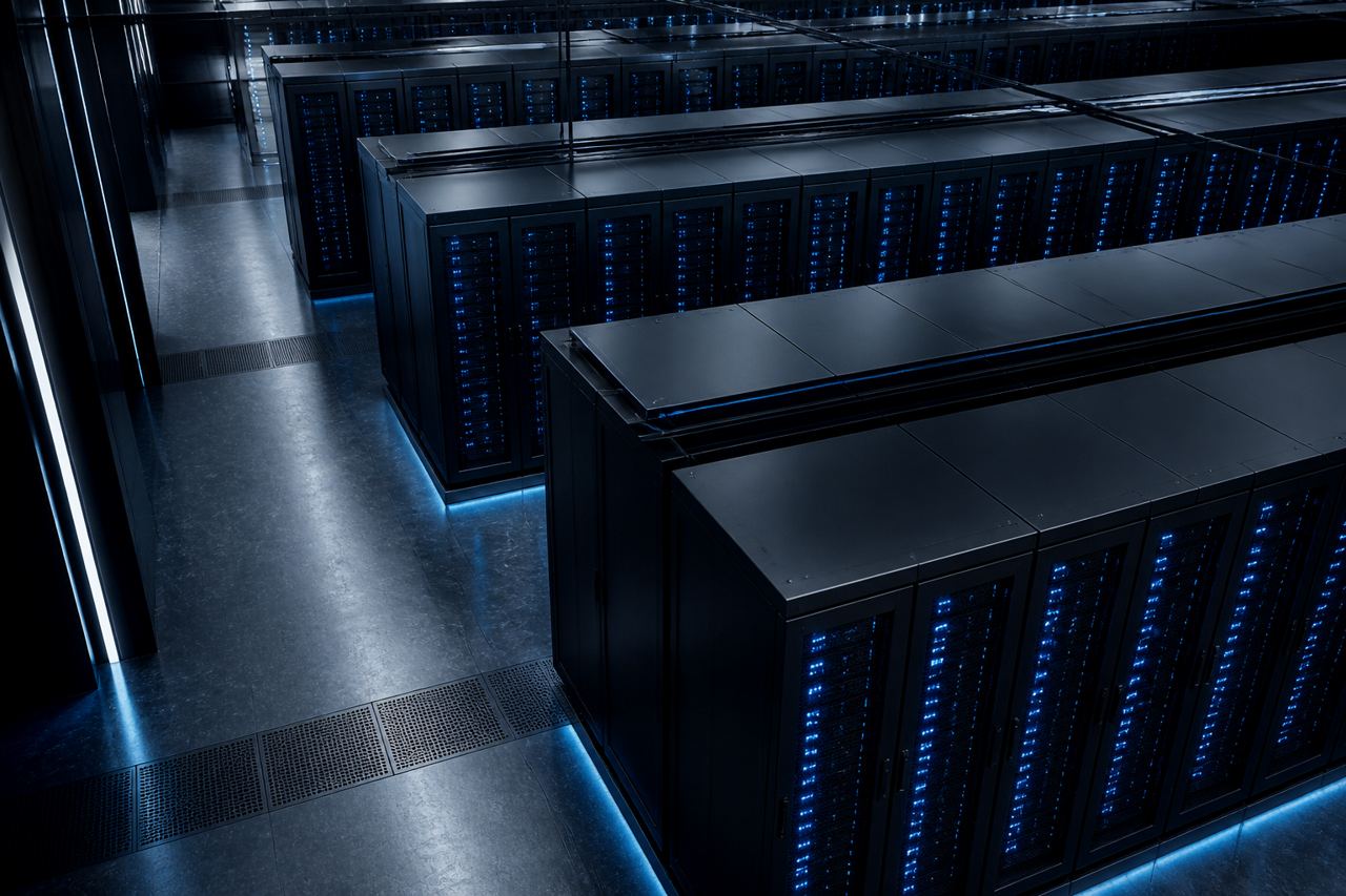A clean, modern server room with glowing blue lights on server racks, representing cloud efficiency.