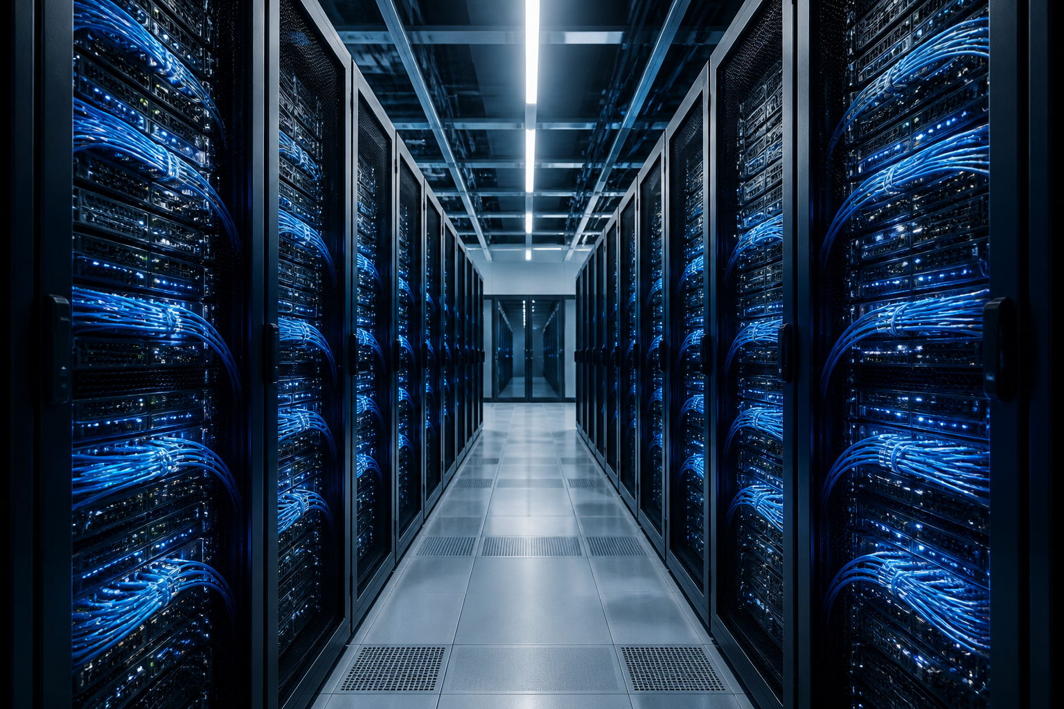 A high-tech digital visualization of interconnected data nodes flowing into a central processor.