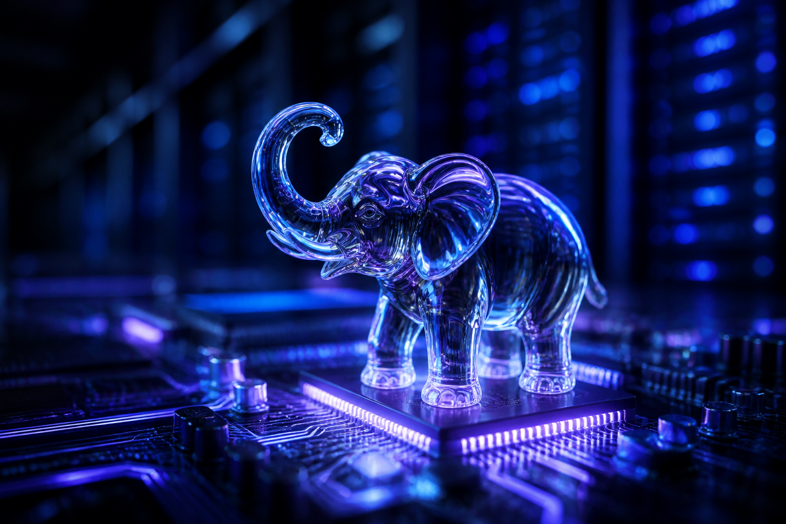 A conceptual digital illustration of a glowing blue elephant statue integrated into a high-tech server rack architecture.